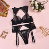 Women's Black Lace Lingerie Set Underwire Bra Thong Panty Garter Straps Choker Gloves Floral Embroidery Sexy Underwear Outfit