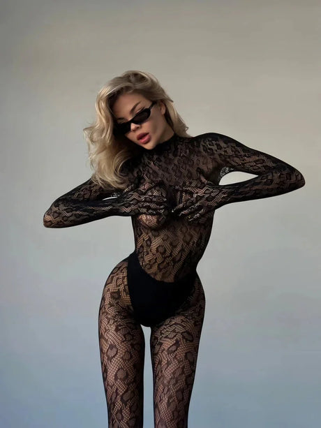 Toucheart Erotic Mesh Bodysuit Leopard Print Hollow Out Sexy Uniform Women Body Shaping See-through Seductive Hot Flirt Bodysuit