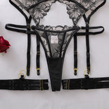 Ellolace French Women's Lingerie Fantasy Embroidered Bra Belt Thong with Leg Circles Elegant Floral Romantic Cute Miss Underwear