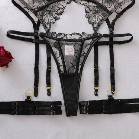 Ellolace French Women's Lingerie Fantasy Embroidered Bra Belt Thong with Leg Circles Elegant Floral Romantic Cute Miss Underwear