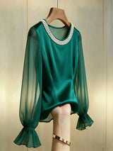 Pearl Beaded Round Neck Long Sleeve Blouse Satin Sheer Top For Women Elegant