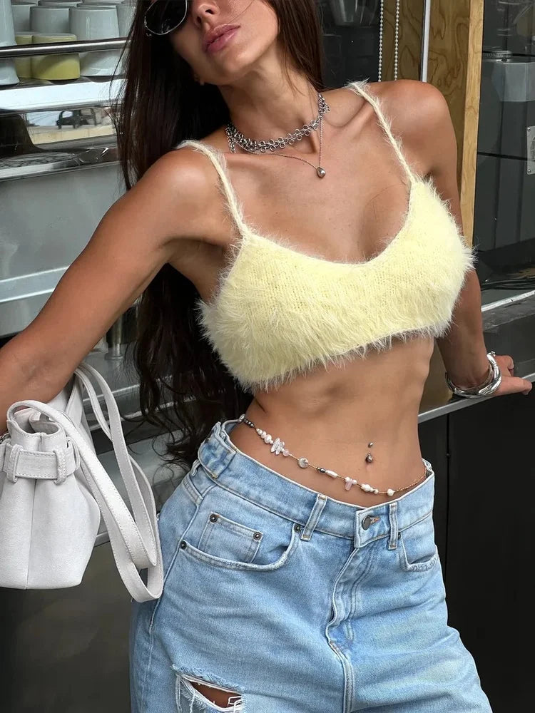 Tossy Crop Top Women Camisole Spaghetti Strap Scoop Neck Fuzzy Knit Party Club Sleeveless Slim Fit Spring Summer Y2K Casual Top