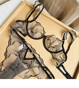 European Style Ultra Thin Sheer Lace Lingerie Set Embroidery Minimizer Bra Big Bust Support Slim Fit Underwear S-XL Size 32-38