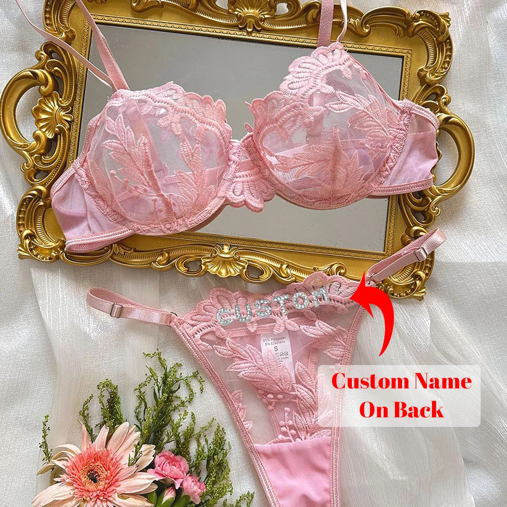 Personalized Thong with Name Embroidery Floral 2pc ingerie Set Custom Your Name Thong Sheer Bra Brief Underwear Anniversary Gift