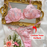 Personalized Thong with Name Embroidery Floral 2pc ingerie Set Custom Your Name Thong Sheer Bra Brief Underwear Anniversary Gift