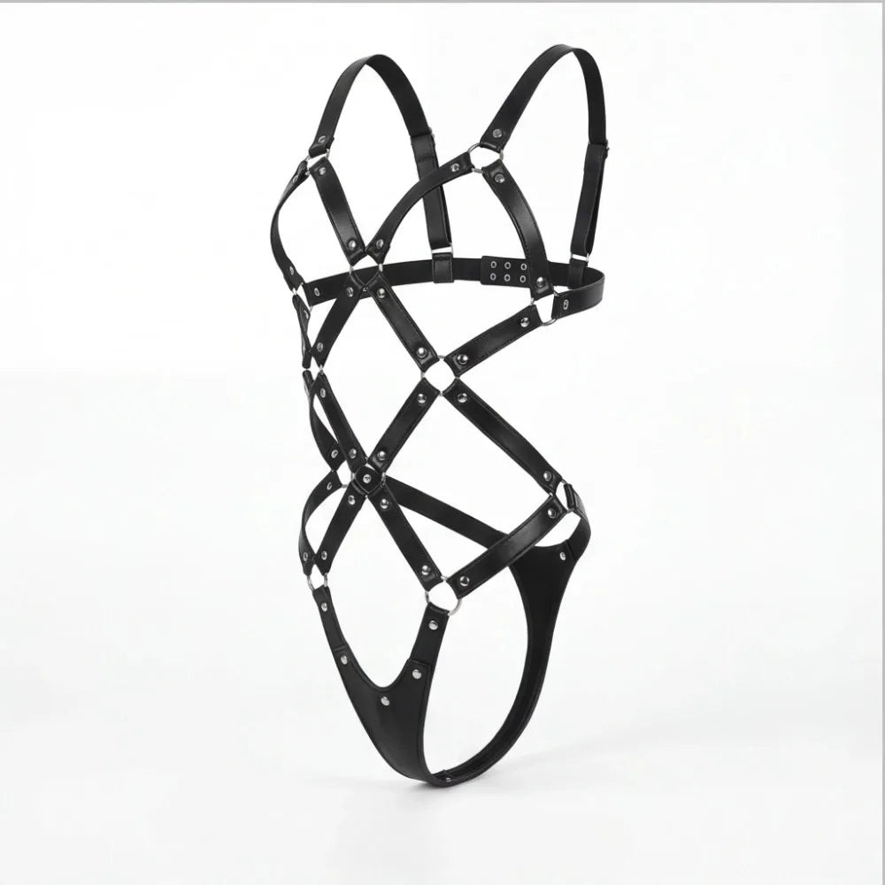 Women's PVC Faux Leather Glitter Cupless Crotchless Halter Teddy Bodysuit Lingerie