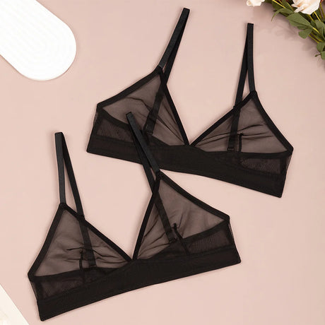Sexy Transparent Ladies' Brassiere Three-piece Women's Bra Small Bust Mesh Lingerie Ultra-thin Triangle Double Shoulder Straps