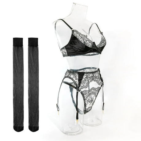 Wedding Night Gift 3 Piece Black Lace Lingerie Set for Women Bra with Garter Belt and Thong Sexy Bridal Underwear