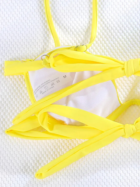 Solid Color Swimwear Ties Yellow Swimsuit Women Micro Bikini Thongs Summer Push Up Biquini Brazilian String Bathing Suit