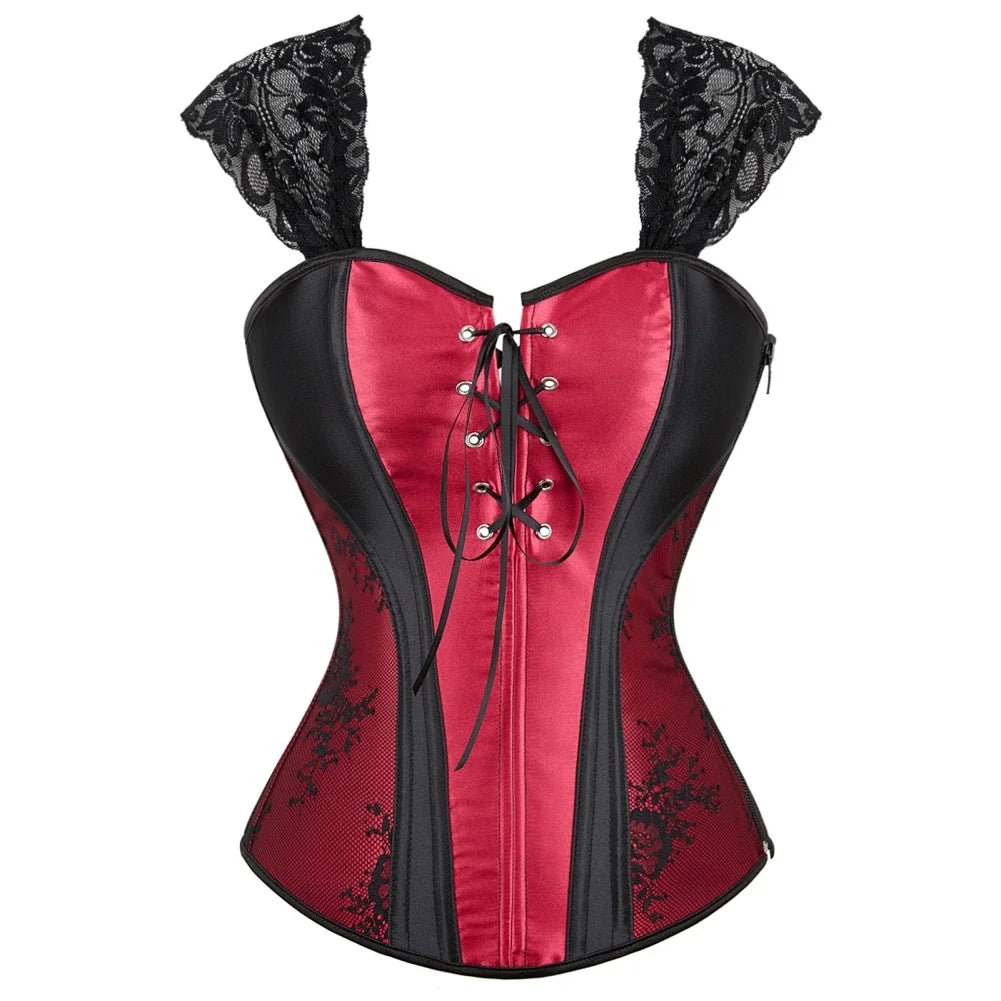 Gothic Corset Top With Straps Sexy Floral Zipper Brocade Overbust Lingerie Burlesque Body Shaper Lace Up Bustier Plus Size