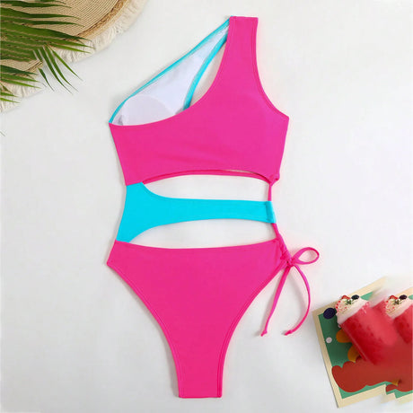 Women Sexy One Shoulder Swimwear Swim Slimming Dress Patchwork Color Block Swimsuits Push Up Bathing Suit Summer Swimsuit