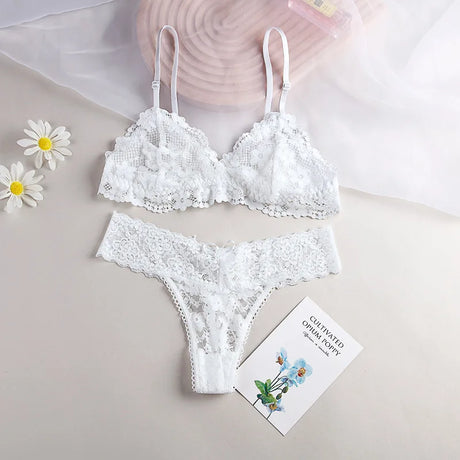 Women Lace Bra and Panties Set Sheer Bralette Low Waist Thongs Triangle Cup Wireless Sexy Lingerie Set Ladies Underwear S-L