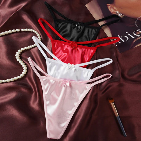 1/3Pcs Women Satin Thong Underwear Sexy Low Waist Bow G-string Cotton Crotch T-back Panties M-2XL