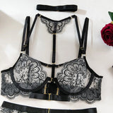 Sexy Lace Lingerie Set With Garter Belt Eyelash Underwire Bra Nude Illusion Strappy Sensual Costume Exotic Underwear Party Club