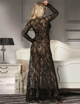 Eyelash Lace Long Sleeve Maxi Nightdress for Women Sexy Deep V Sleepwear with Thong Plus Size