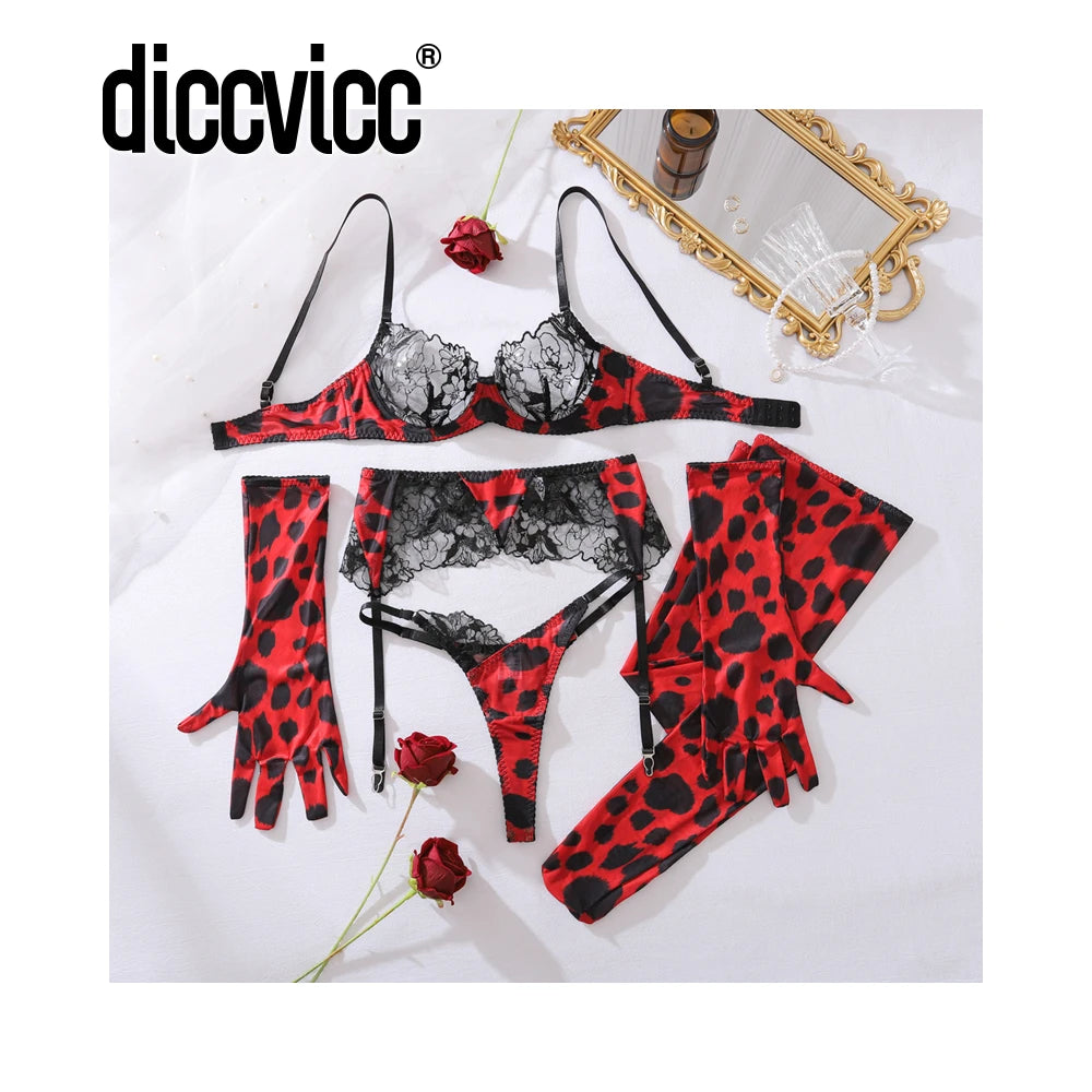 Diccvicc Sensual Lingerie Woman See Through Sexy Lace Bra Garter Belt Leopard Underwear with Stocking Glove Exotic Intimate Wear