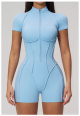 2026 Yoga Bodysuit Short Sleeves Women Tracksuits Gym Zipper Jumpsuits Sports Workout Rompers Fitness One-piece Suit Activewear