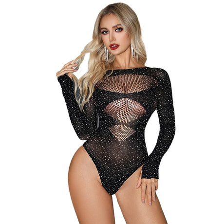 Sexy Rhinestone Long Sleeve Bodysuit for Women Hollow Out Mesh Lingerie Crystal See Through Fishnet Bodystocking Exotic Apparel