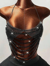 Sexy Metal Rhinestone Corset Crop Top Women Summer Club Party tops Woman Clothing See through Beach Halter Tank Top Streetwear