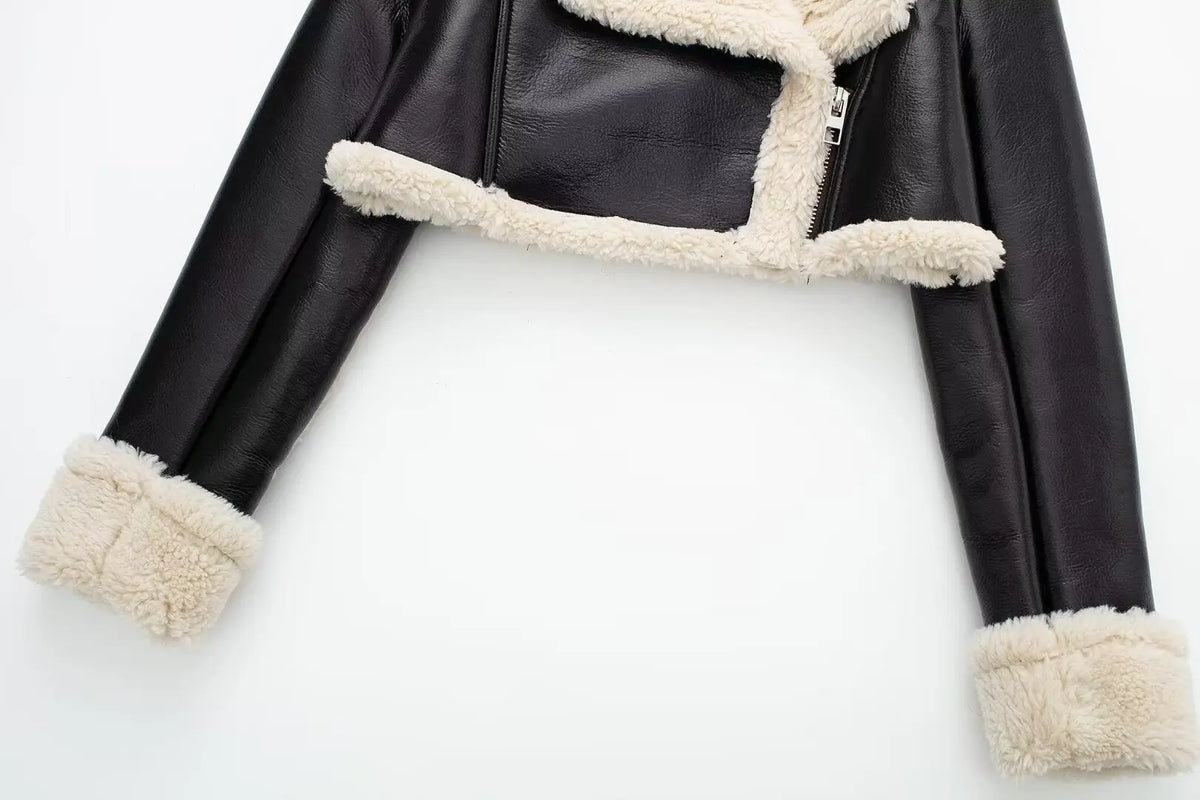 HH Women Faux Leather Thicken Short Jacket Vintage Front Zipper Lapel Long Sleeve Coat Winter Women Warm Casual Outerwear