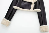 HH Women Faux Leather Thicken Short Jacket Vintage Front Zipper Lapel Long Sleeve Coat Winter Women Warm Casual Outerwear