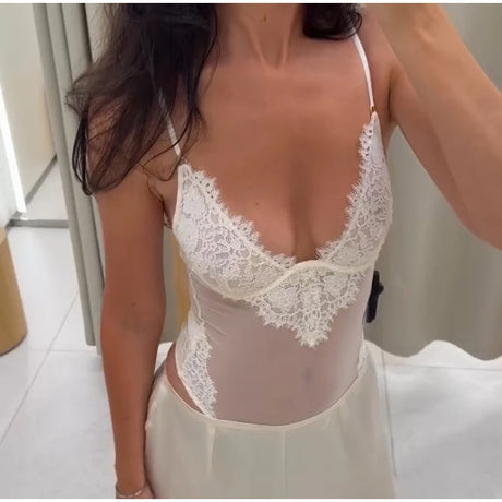 Lace Splice Sheer Bodysuit V Neck Spaghetti Strap Fitted 2026 Summer  Women Club Fashion Outfit Party Trendy Slim Lingerie