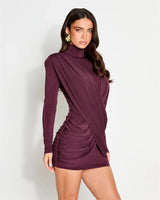 Mozision High Neck Shoulder Pads Long Sleeve Sexy Mini Dress Women Draped Cross Front Ruched Slim Bodycon Nightclub Party Dress