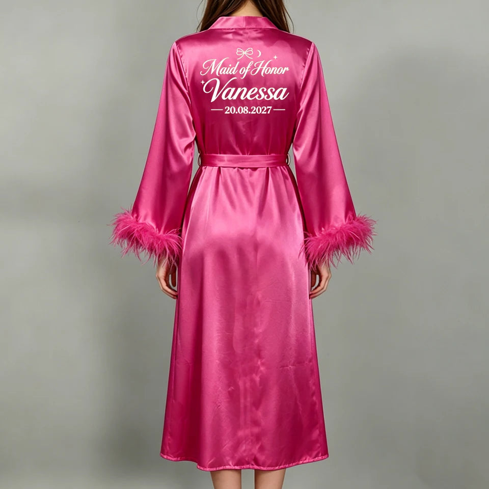 Custom Name Bride Robe Satin Feather Bridesmaid Robes Personalized Wedding Morning Gown Bachelorette Party Bathrobe