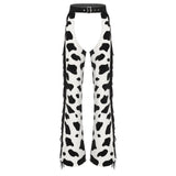 Womens Cow Spot Pattern Flannel Long Pants Adjustable Waist Open Crotch Biking Riding Cowgirl Chaps Halloween Cospaly Costume