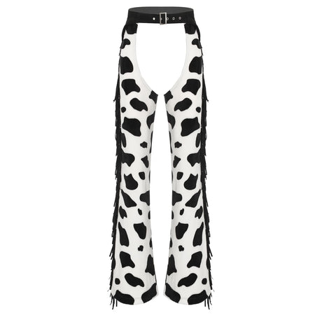 Womens Cow Spot Pattern Flannel Long Pants Adjustable Waist Open Crotch Biking Riding Cowgirl Chaps Halloween Cospaly Costume