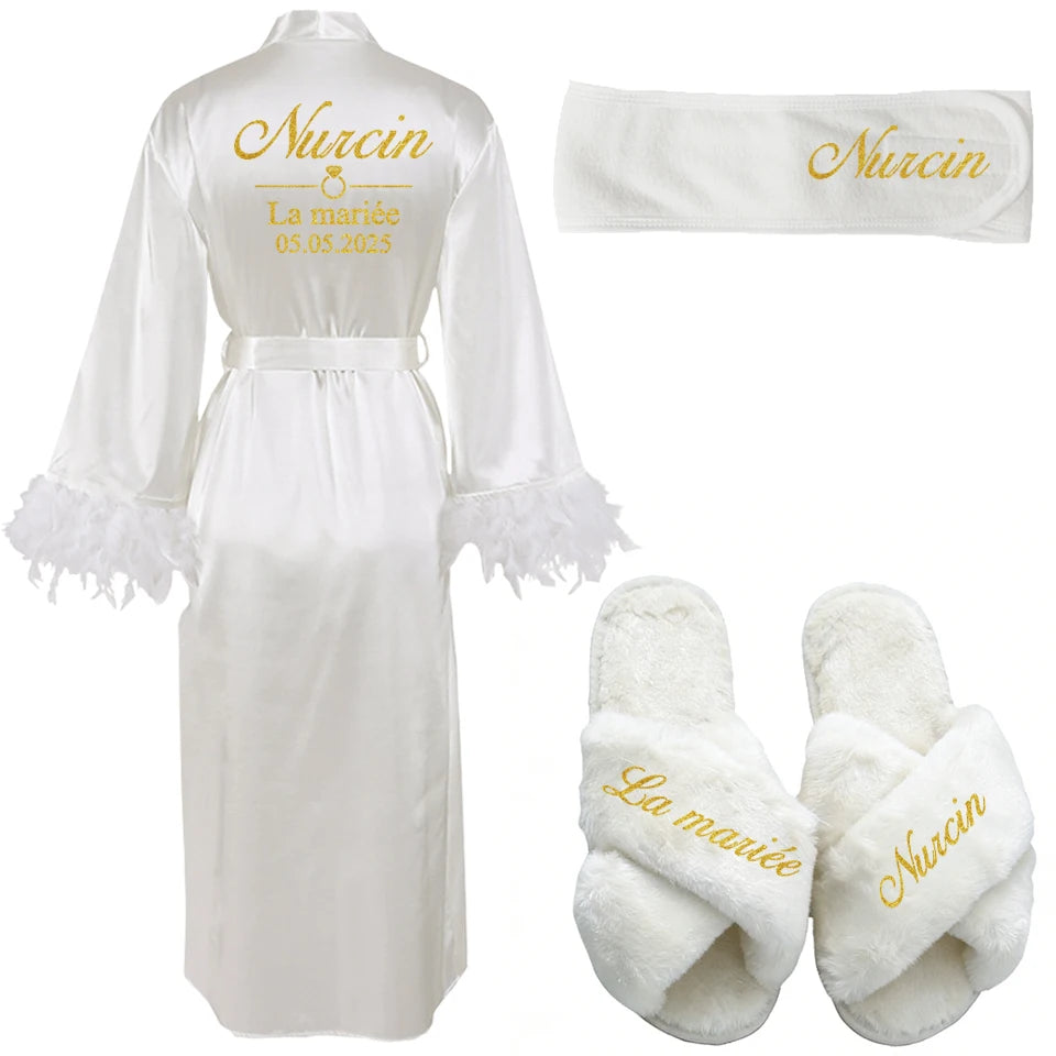 Customized Bathrobe for Women Personalized Name And Date Robe Add Any Text Gown for Bridal Party Feather Bride Robes