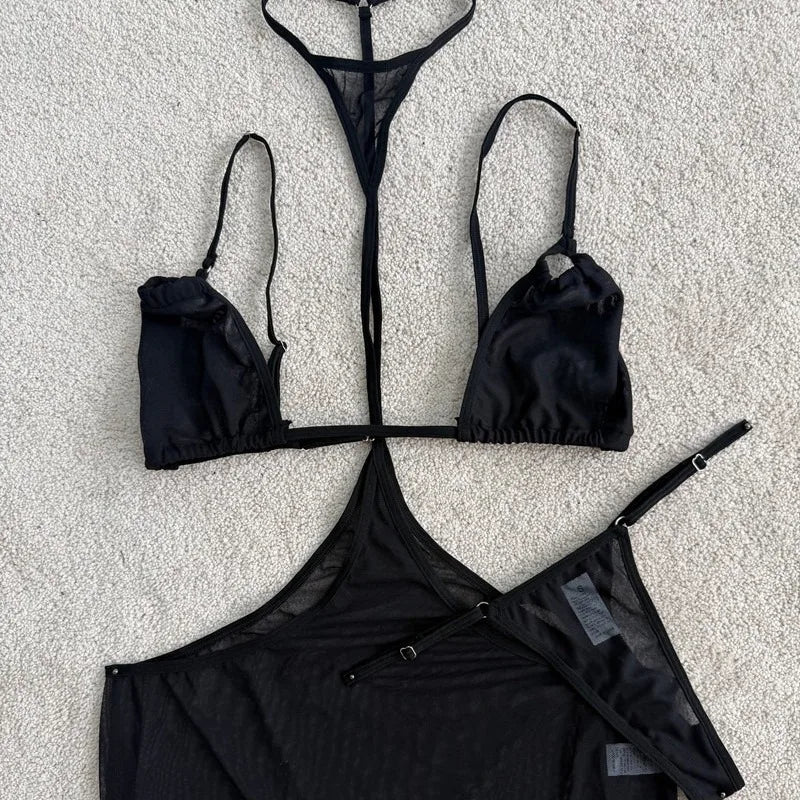 Tornova Erotic Bodysuit Perspective Hollow Sexy Suit Women's BlackMesh Jumpsuit Sexy Suspender Private Underwear Three-piece Set