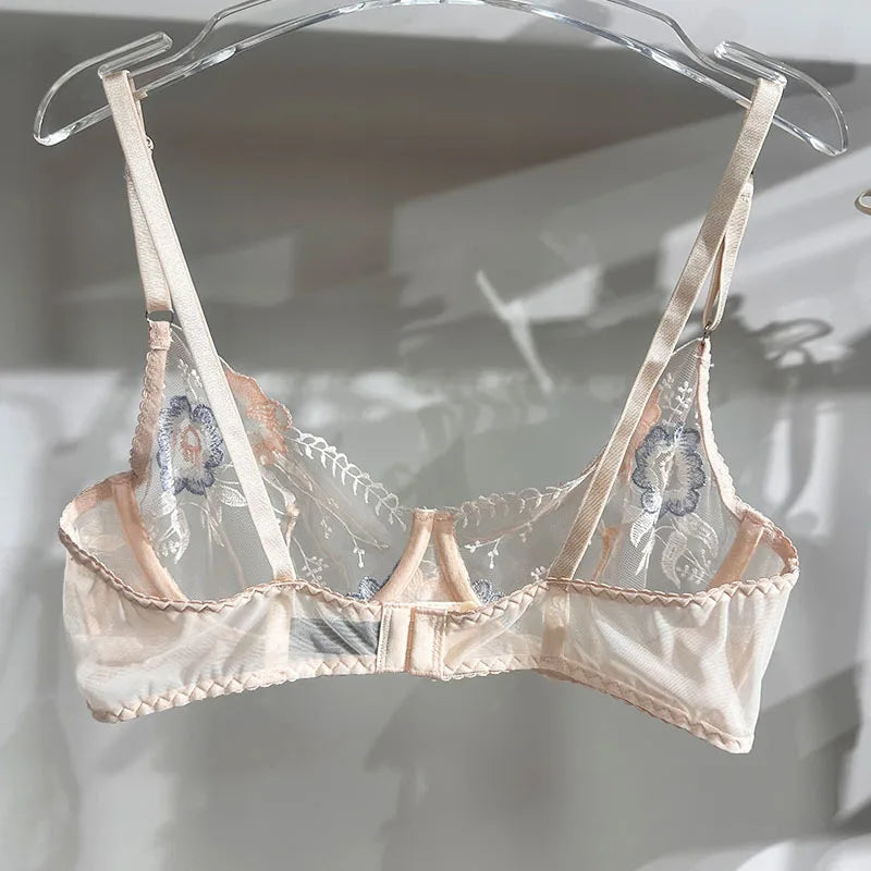 M-XL Luxury Ladies Underwear Floral Embroidery Ultrathin Transparent Lingerie Sets For Women Sexy Push Up Gather Bra Panties