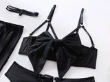 Cupless Lingerie Set Silk Bra Thigh Straps 3Piece Satin Bowknot Erotic Underwear for Women