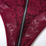 Sexy Zipper Front Lace Bodysuit High Cut Mesh Teddy Lingerie Women Halter Neck See Through Body Stocking Erotic Costume Purple