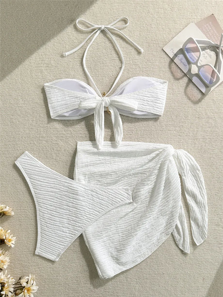 Metal Starfish Brown Bandeau Bikinis Sets 3 Pieces Sexy Swimsuit Cover Up Women 2026 Holiday Swimwear High Cut Bather Beach Wear