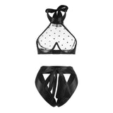 Large Size Black Latex Leather Underwear Women 2 Piece Polka Dot See-Through Sexy Lingerie Patchwork Lace Erotic Baby Dolls