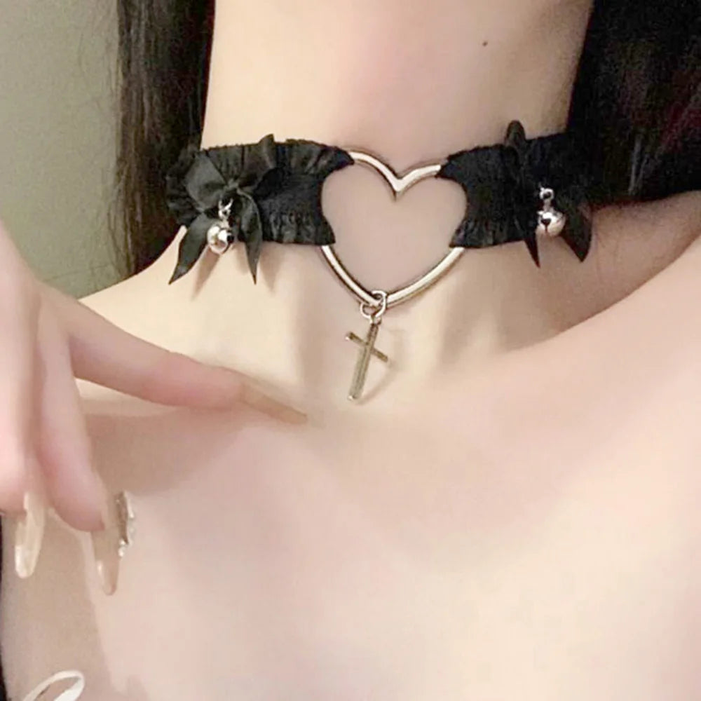 Sexy Cute Heart Bow Lace Choker Necklace Cross Bell Leg Accessories Elastic Loop Jk Gothic Punk Harajuku Collar