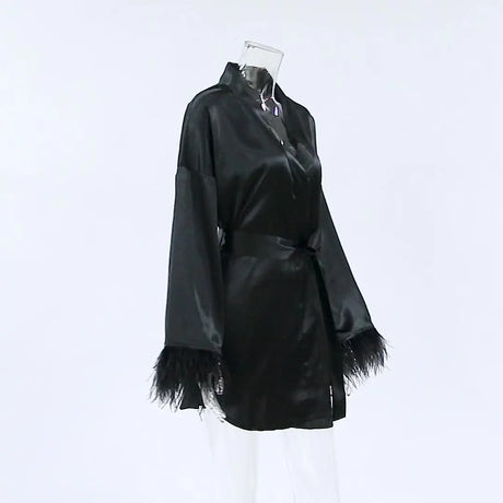 Feather Bathrobes Satin Sexy Mini Dress Long Sleeve Loose Peignoirs For Women Robe White Wedding Dress Black Bride Dresses