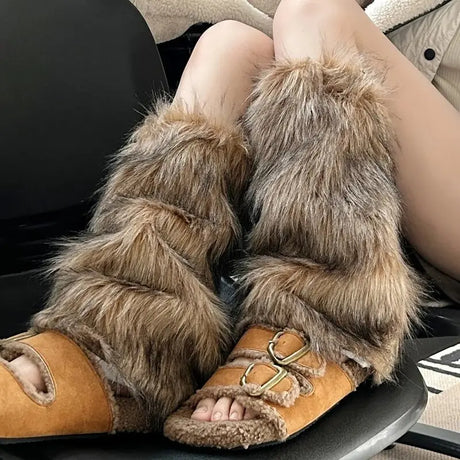 New Y2k Faux Fur Leg Warmers Spicy Girl Harajuku Winter Warm Furry Boots Cover Socks Jk Vintage Hiphop Cosplay Socks Accessories