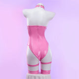 MOBBUNNY  Women Dio Lingerie Heart Cutout Halter Bodysuit with Gloves Leg Rings Cosplay Costume