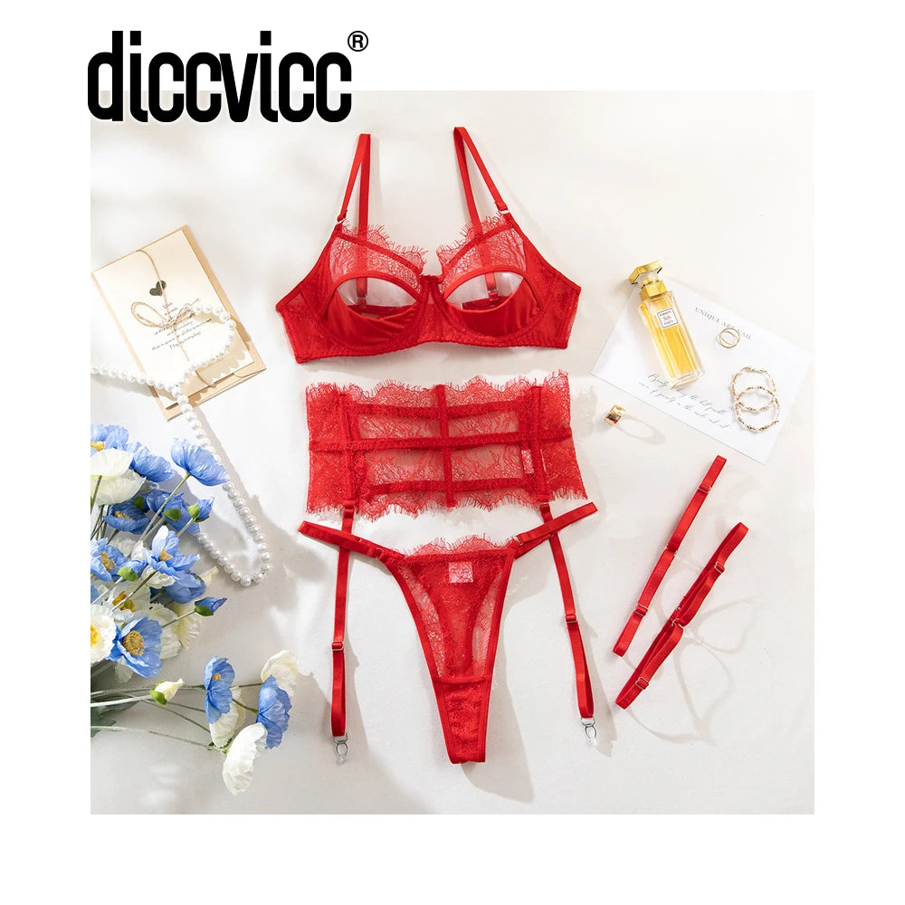Diccvicc Eyelash Floral Lace Lingerie Cut Out Bra Wide Garter Underwear Set See Through Seductive Intimate Apparel Exotic Outfit