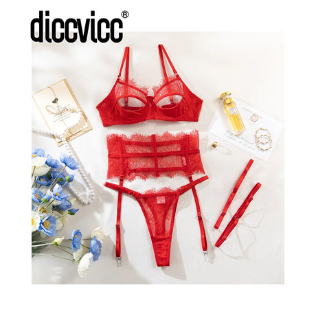 Diccvicc Eyelash Floral Lace Lingerie Cut Out Bra Wide Garter Underwear Set See Through Seductive Intimate Apparel Exotic Outfit