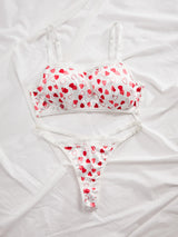 Heart Print Lace Trim Lingerie Set for Women Wireless Bandeau Bra Adjustable Strap Thong