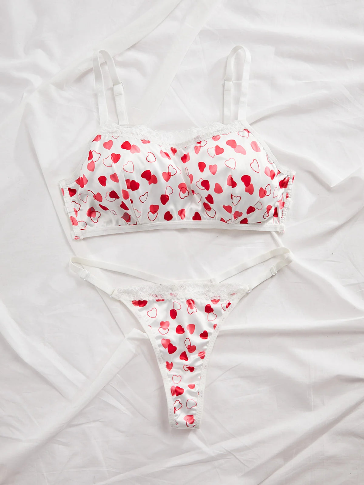 Heart Print Lace Trim Lingerie Set for Women Wireless Bandeau Bra Adjustable Strap Thong