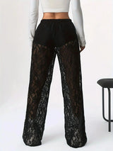 Pantalones De Mujer 2025 New Fashionable Personalized Solid Color Lace Jacquard Micro Transparent Straight Leg Casual Pants