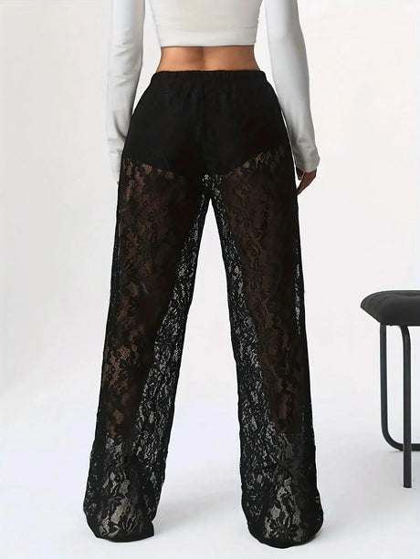 Pantalones De Mujer 2025 New Fashionable Personalized Solid Color Lace Jacquard Micro Transparent Straight Leg Casual Pants