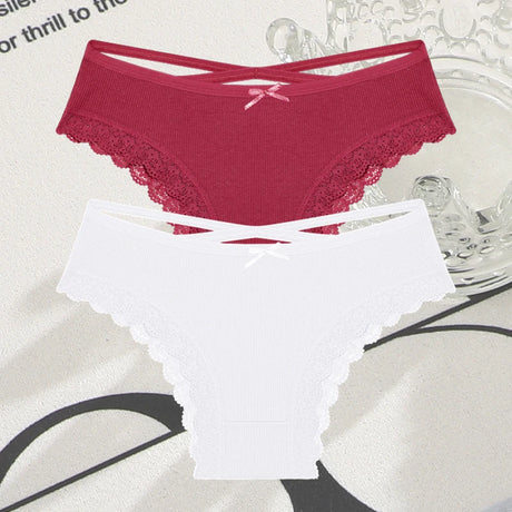2PCS Cotton Panties for Women Sexy Lace Brazilian Briefs Female Low-Waist Cross Webbing Underpants Stretch Breathable Intimates