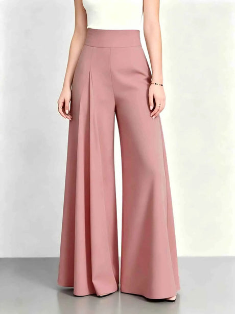 Elegant Women High Rise Pleated Palazzo Pants Solid Multi Color Loose Fit Flare Long Trousers Business Office Work Wear Wide Leg