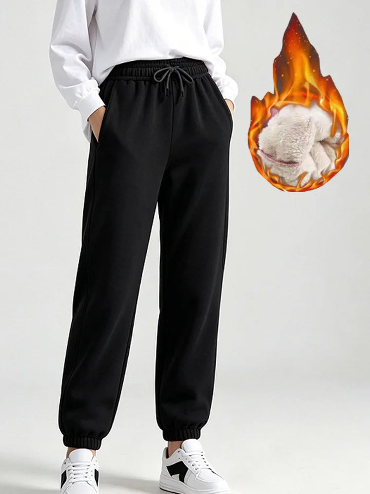 Autumn Winter Warm Solid Color Fleece Women Long Pants Casual Loose Elastic Waist Sports Pants Office Ladies Trousers Women